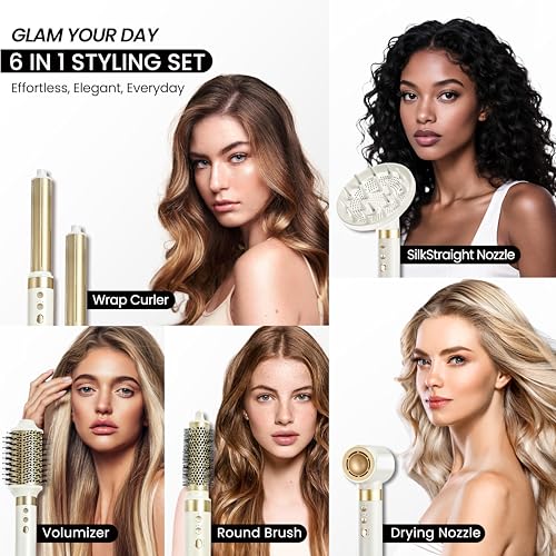 GLAMUP Dual Voltage 6-in-1 Hot Air Styler & Hair Dryer Brush, Long-Lasting & No Heat Damage, Patented Golden Temp, 110K RPM & Negative Ions for Frizz-Free Fast Drying, Curling, Volumizing & Diffusing, for Curly & Thick Hair,Gift Set