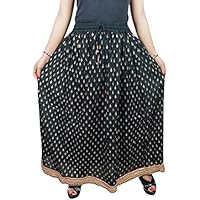 Mogul Interior Womans Maxi Skirt Printed Golden Border Boho A-Line Fit and Flare Vintage Long Skirts M/L