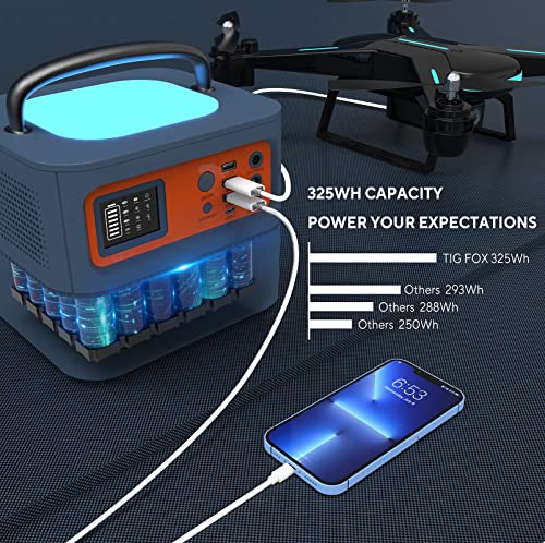 TIG FOX Portable Power Station 300W, 325Wh Outdoor Solar Generator, Backup Battery Pack Power with 110V AC Outlet/1 DC/1 Type-C/3 USB Ports, Supply for Camping Fishing RV CPAP Home Use Off-Grid