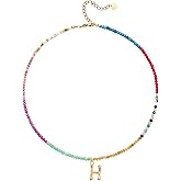 MEVOME Beaded Initial Necklace for Women, Boho Natural Stone Semi-Precious Stone 18K Gold Plated Letter Pendant Rainbow Colorful Trendy Alphabet Dainty Choker Jewelry for Women Summer Beach Party