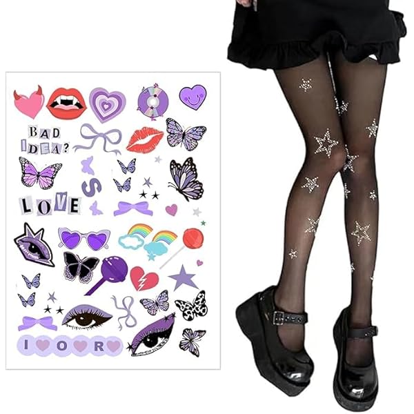 逃跑乐园loveplayshop y2kチェック柄星　タイツ　ブラック Woshilaocai Flower Print Print Tights Y2k Transparent