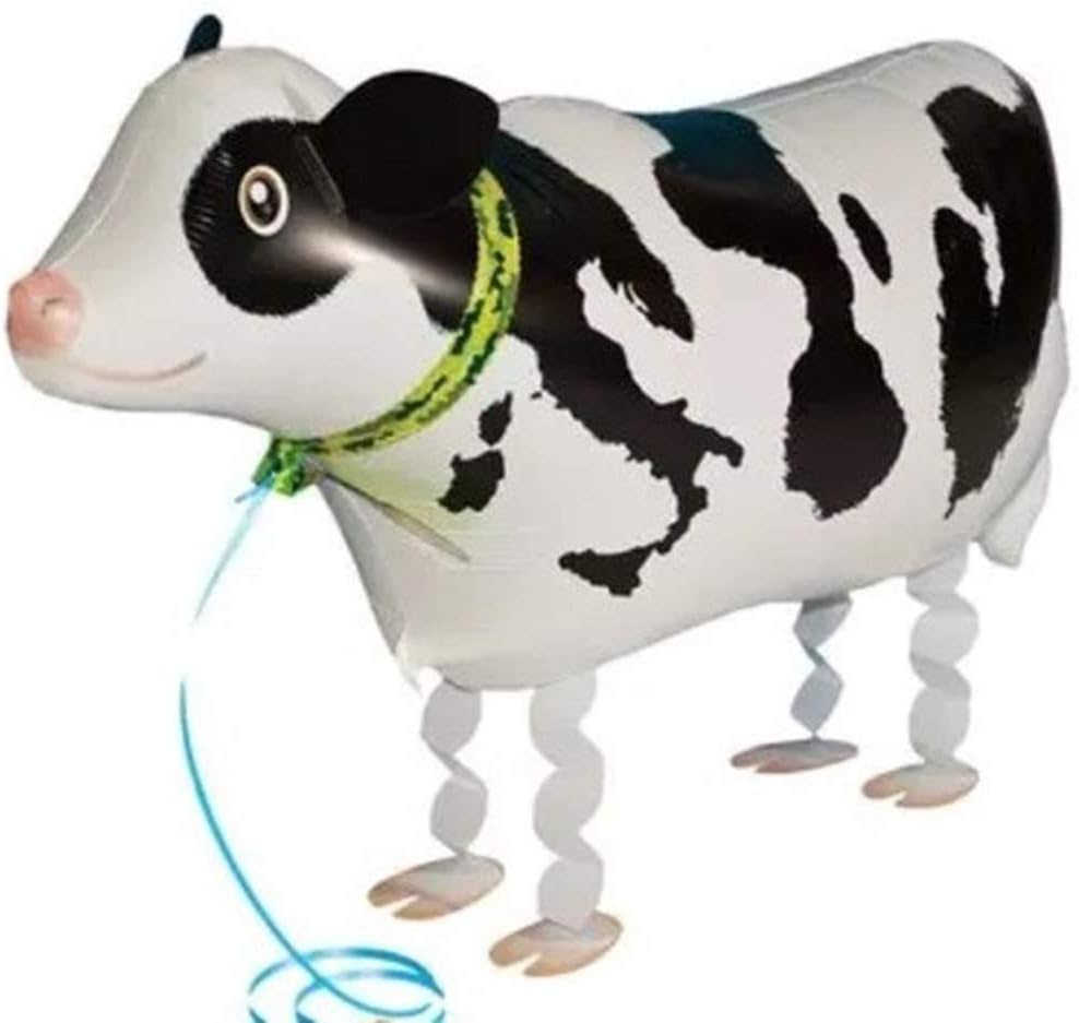 Ljoy Walking Animal Foil Helium Balloons Airwalker Inflatable Kids Birthday Party Decoration with White Ribbon Lead 28 Designs Dinosaurs, Dogs, Farm, Jungle, Pets (Cow)