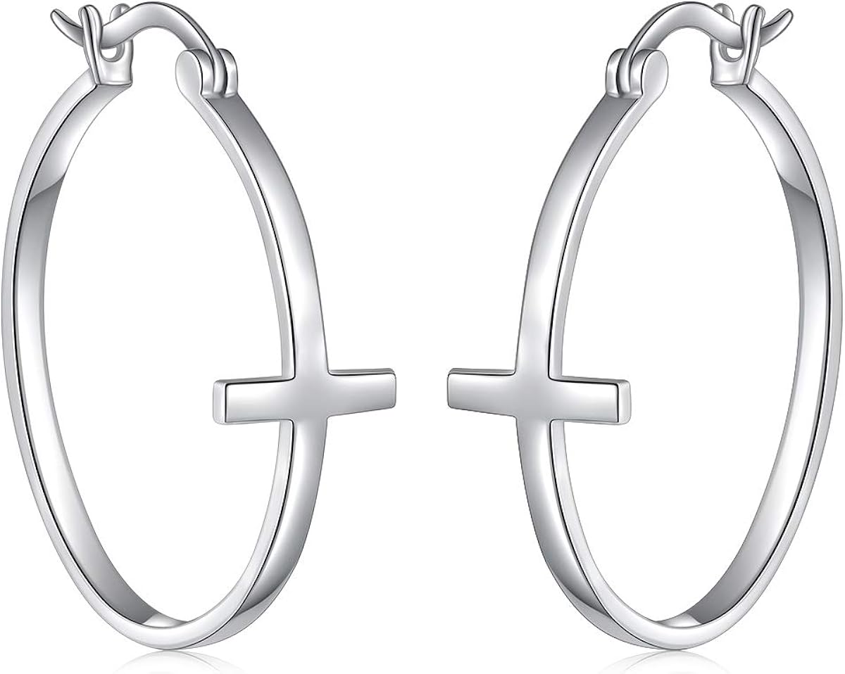 S925 Sterling Silver Jewelry Classic Cross Hoop Dangle Stud Earrings