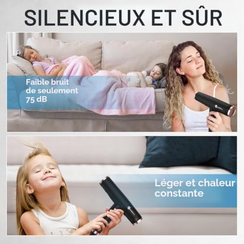 Sèche-cheveux ionique, 110 000 tr/min, moteur sans balais, séchage rapide, avec diffuseur magnétique, faible bruit/technologie biocéramique, pour la maison, les voyages, le salon (noir mat)