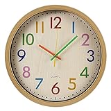 RELIAN Kids Wall Clock Non Ticking Wall Clock with Large Colorful Arabic Numbers, 12 inch Quartz Battery Operated Wall Clock for Bedroom, Living Room and School Classroom (Wooden Frame)