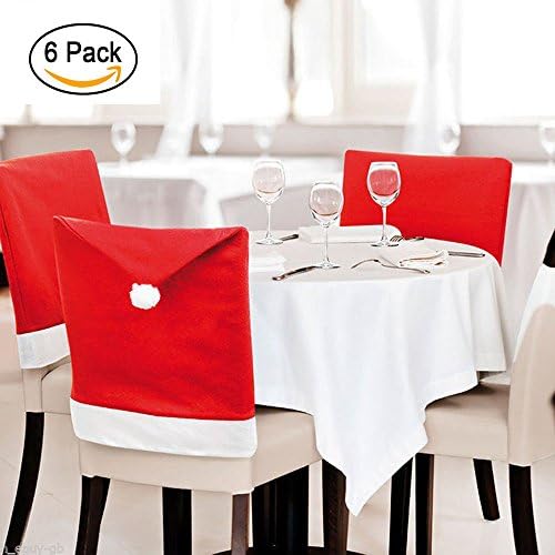 Christmas Santa Hat Chair Back Cover, Christmas Santa Claus Red Chair Hat, Xmas Party Dinner Table Kitchen Dining Decoration Red Chair Covers Sets of 6 PCS