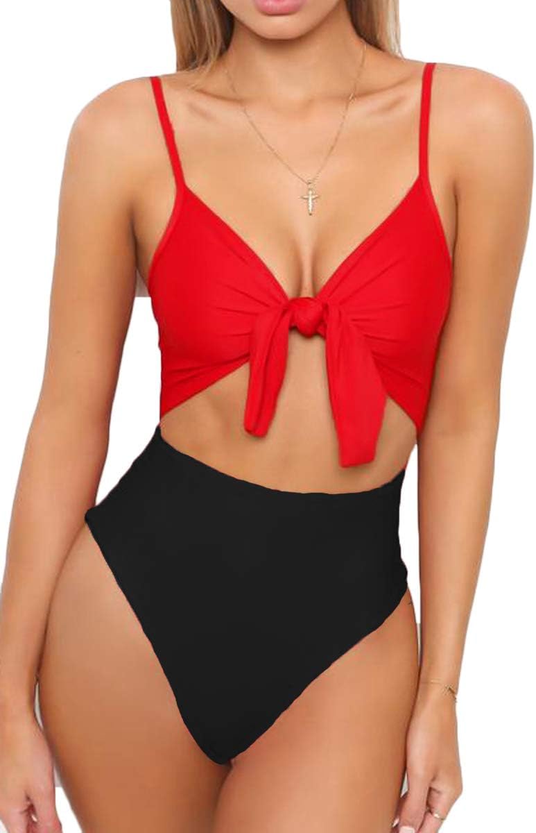 Womens Spaghetti Strap Tie Knot Front Cutout High Cut One Piece Swimsuit