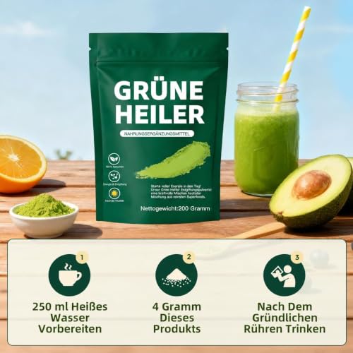 Green Detoxification Powder, 200 g Superfood Detoxification Powder Helper, Greens Powder with Spirulina, Barley Grass, Inulin, Turmeric, Vitamin D3, Rich in Vitamins, Minerals & Fibre for Energy