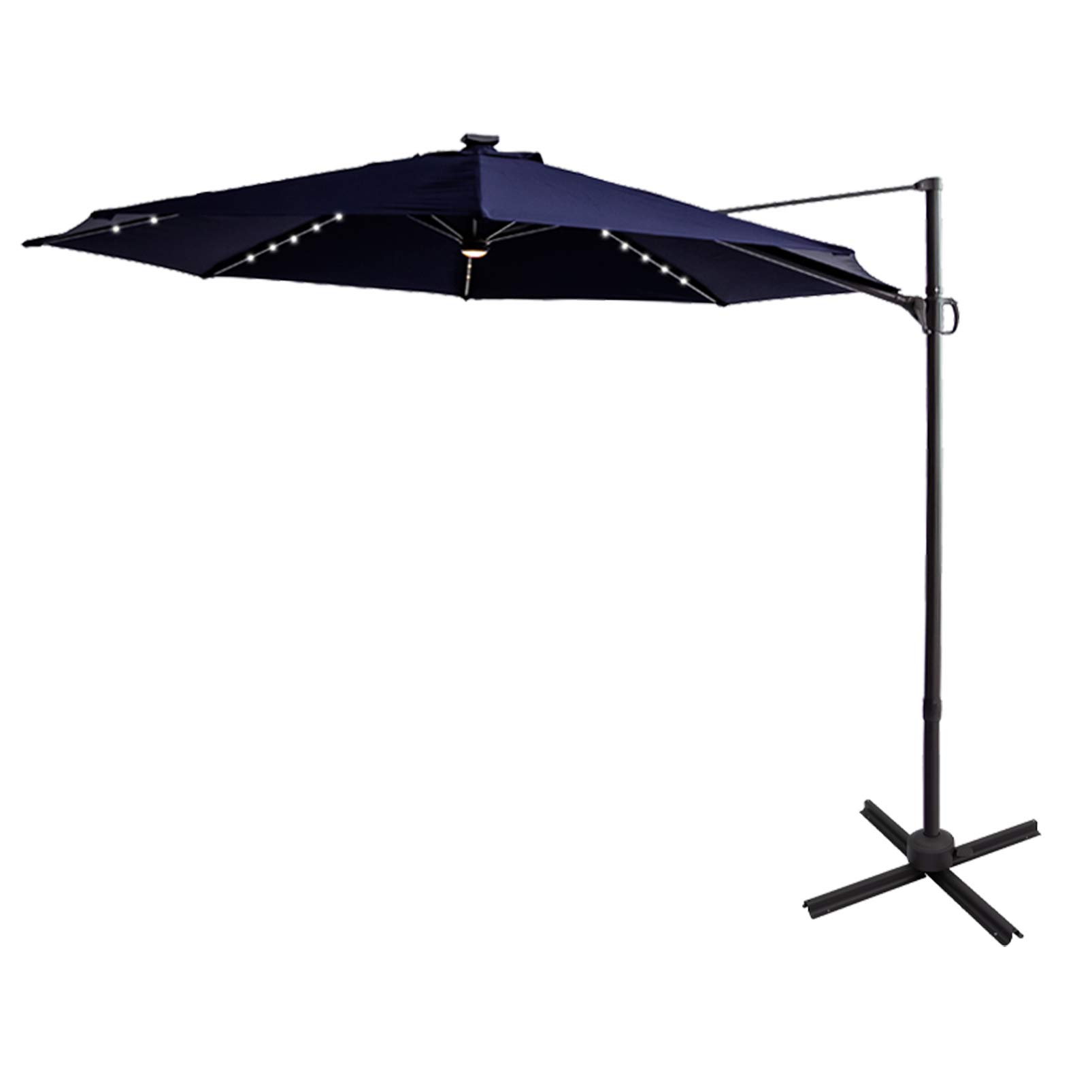 Photo 1 of FLAME&SHADE 10 ft Cantilever Offset Outdoor Patio Umbrella with Solar LED Lights Base Stand Rotate and Tilt - Navy Blue