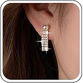 Aneneiceera Vintage Crystal Chandeliers Dangle Earrings Gold Pearl Stud Earring Long Rhinestone Chain Drop Earring Cz Paved Chain Tassel Earrings Wedding Chandelier Statement Earrings Jewelry for Women