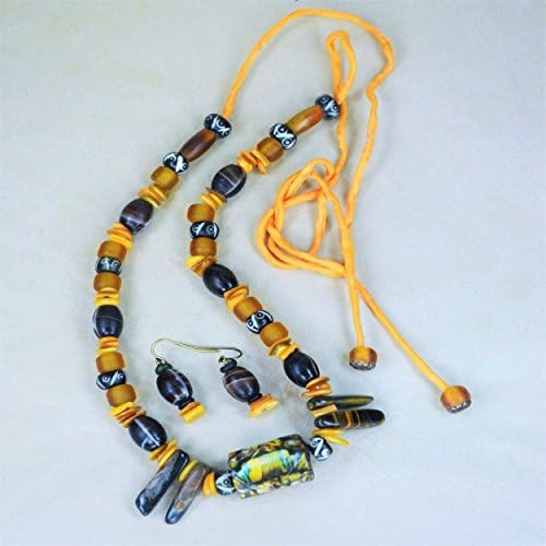 African Glass, Carved Bone &amp; Hornpipe Necklace on Silk Cord w/Earrings