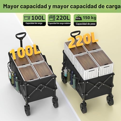 Plegable 220L / 150 kg, Ruedas Todoterreno para Playa y Césped, Asa Ajustable, Fácil de Plegar, Cabe en Maletero, Carro para Camping, Compras y Jardín, Negro