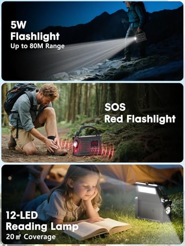 ROCAM Crank Radio DAB+/FM, Portable Emergency Radio 12000 mAh with 8500 mm² Solar Panel & 650 mA Crank, Digital Radio with Bluetooth, 2.4 Inch Colour Display, 80 Transmitters, SOS, LED Torch, USB, IPX6 for Camping
