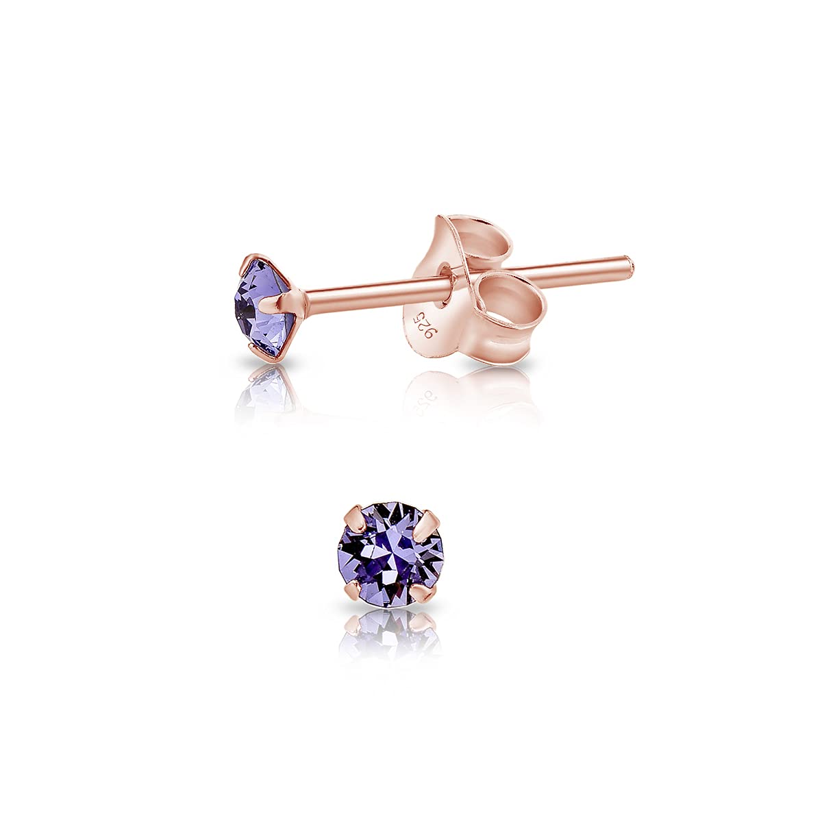 Small Solitaire Stud Earrings 925 Sterling Silver Rose Gold Plated 18K - Gold Crystal Studs 3 mm - Minimalist Sparkle Stud Earrings with Tanzanite Crystal
