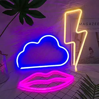 3 Pack LED Decorative Neon Night Signs- Pink Lip Blue Cloud Warm Lightning Shaped Neon Wall Decoration Lights with Hanging Hook Holes LED Light Party Supplies for Wedding Birthday Holiday Home Decors