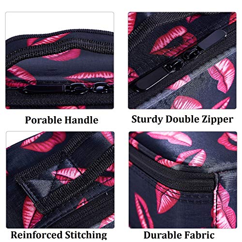 Goldwheat Portable Makeup Train Case Travel Cosmetic Bag Organizer with Removable Dividers Brush Holder Pocket for Makeup Artist-Red Lip Print