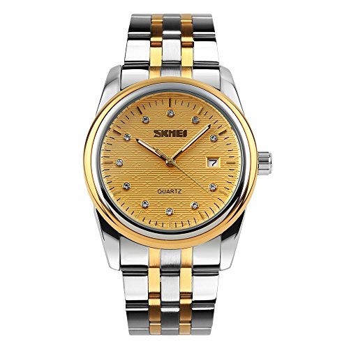 Men's Quartz Analog Watch Slim Stainless Steel Bracelet Diamond Calendar Gold Waterproof Wrist Watch