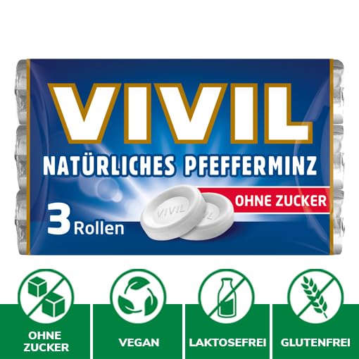 VIVIL Rollen Natürliches Pfefferminz ohne Zucker, 5 x 3er Pack, frische Pastillen mit Pfefferminzgeschmack, zuckerfrei & vegan, 15 x 28g 3