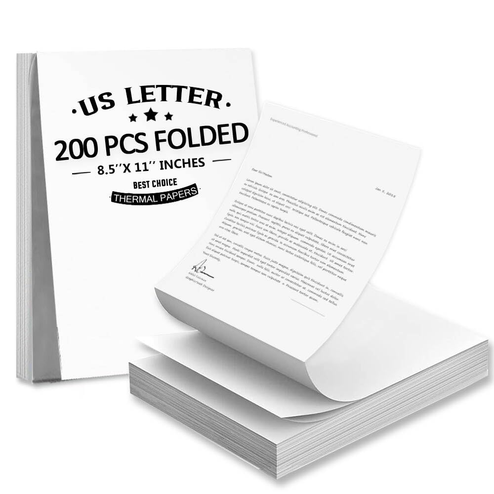 Photo 1 of 200 Sheets Thermal Printer Paper 8.5 x 11 White US Letter for Portable Printer A285M/ PD-A4/ M08F-Letter/ D810, Continuous Folding Papers for Wireless Printers
