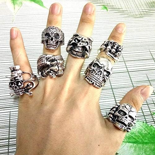 ZHNA Lots Mixed 10pcs Skull Sports Bikers Men's Vintage Silver Large Rings 18-22mm