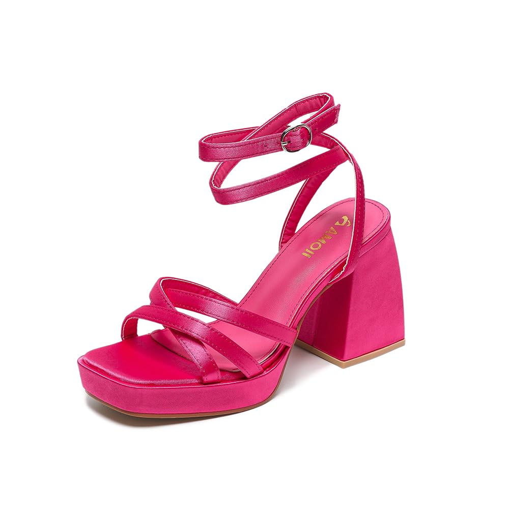 Photo 1 of Amoji Women Platform Heels Chunky Heeled Sandals Dressy Block Thick Prom Wedding Shoes 305 Hot Pink Women| size 7.5 to 8