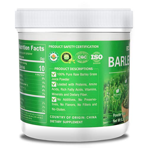 Organic Barley Grass Powder - 100% Pure Raw, 5.3oz (150g), Perfect for Beverage, Smoothie and Dessert, Rich in Proteins, Amino Acids, Vitamins, Minerals and Fiber