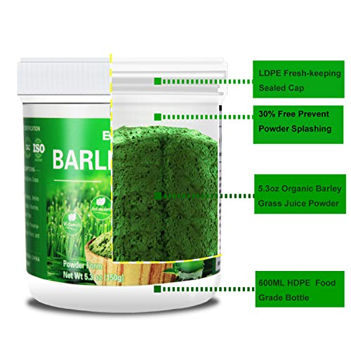 Organic Barley Grass Powder - 100% Pure Raw, 5.3oz (150g), Perfect for Beverage, Smoothie and Dessert, Rich in Proteins, Amino Acids, Vitamins, Minerals and Fiber