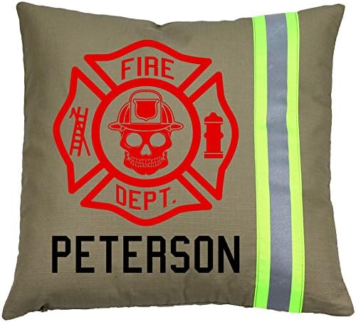 Fully Involved Stitching Personalized Firefighter Pillow - SKULL Maltese Cross with Name (Tan)