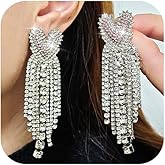 Shiny Rhinestone Tassel Heart Earrings for Women Dainty Crystal Waterfall Tassel Pink Heart Drop Dangle Earrings Trendy Elegant Wedding Party Jewelry