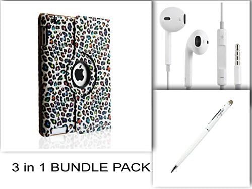 LuckyTECH 3 in 1 Bundle iPad 2/3/4 Case+ Earbud + Stylus PU Leather Case Smart Cover (LEOPARD RAINBOW)