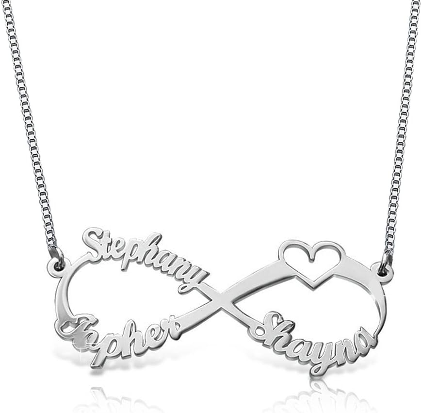 Ouslier 925 Sterling Silver Personalized Infinity Family Name Necklace with Cut-Out Heart Custom Made with 3 Names