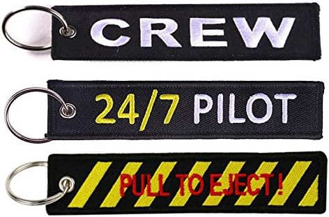 Tomcrazy CREW Keychain, 24/7 PILOT Double sided Embroidered Fabric Keychains, PULL TO EJECT Ring Key Chain Aviation Motorcycle Cars Tag Keychains Apparel Accessories (3X Keychains)