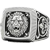 MayiaHey Lion Ring, Cross Sword Lion Ring for Men, Norse Viking Lion Head Ring Lion Jewelry, Celtic Lion Square Ring Hip Hop Roaring Lion Band Ring Punk Silver Lion Animal Ring for mens