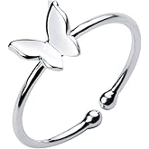 Kokoma Sterling Silver 925 Dainty Butterfly Ring Minimalist Adjustable Open Tail Finger Stacking Band Promise Engagement Ring Wedding Bands Toe Band for Women