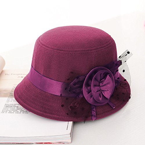 Freedi Bowler Hat Fedora Hats Dress Up Derby Hats Wide Brim Flower for Costume Adults Women Winter (Wine red)