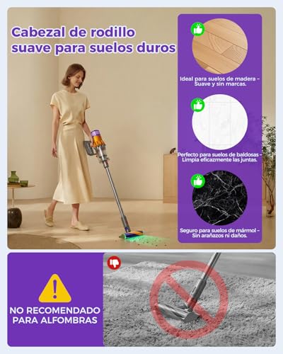Cabezal de limpieza V15 Fluffy Optic para Dyson V15, V11, V10, V8, V7 – Detección de polvo con luz verde, accesorio de rodillo suave para suelos de madera | Luz verde revela el polvo, articulación de 90°, cepillo suave protege suelos, solo 390 g, cepillo extraíble y lavable