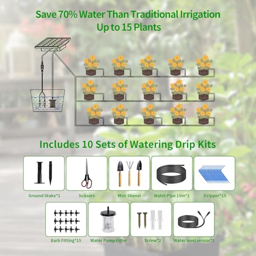 HEKIWAY 49FT Solar Drip Irrigation System, Auto Watering Kit for 15 Pots, Solar-Powered Plant Watering, 25 Timer Modes, 900ml/min Flow Indoor/Outdoor Garden, Balcony & Patio Irrigation System