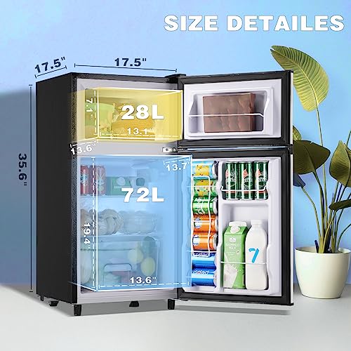 WANAI Mini Fridge With Freezer, 3.5 Cu.Ft Double Door Compact Refrigerator FreezeronTop, Small