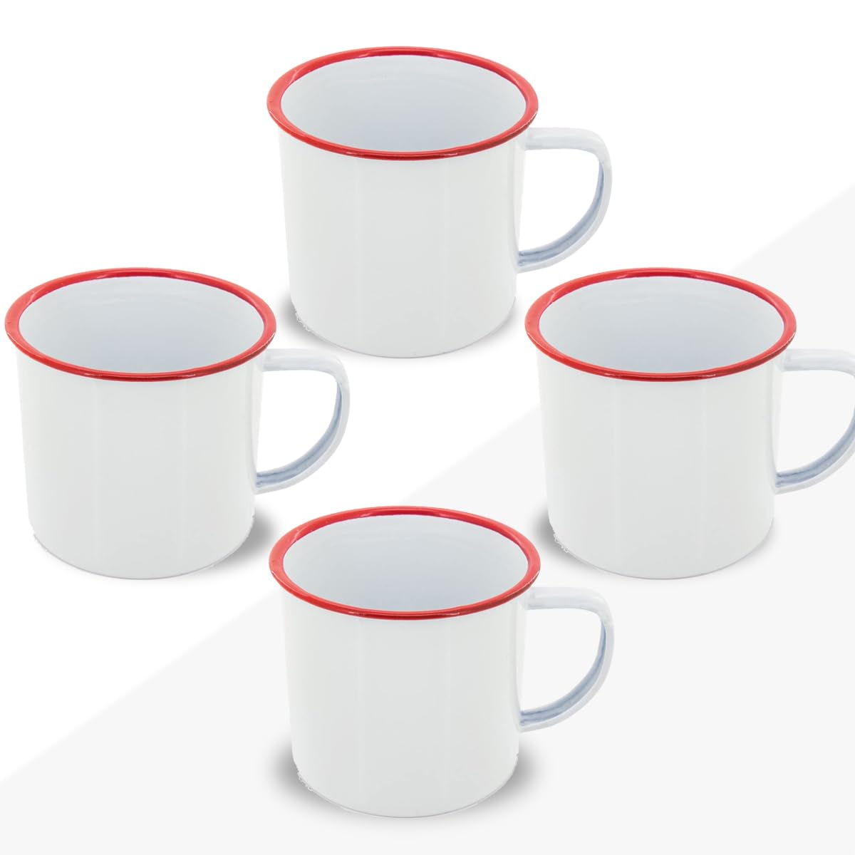 FUN FAN LINE - Set of 4 Retro Enameled Mugs, White with Red Rim | Large 380ml Vintage Breakfast Mug Set | Unique Mugs for Coffee, Tea & Hot Chocolate | The Perfect Practical Gift Set for Friends — image 1