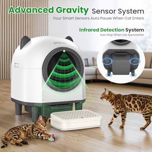 OROLEY Self-Cleaning Litter Box, Automatic Cat Litter Box with APP Control & Safety Sensor，Large Capacity Design for Multiple Cats,Built-in Deodorizing Scent Box and Garbage Bags,White
