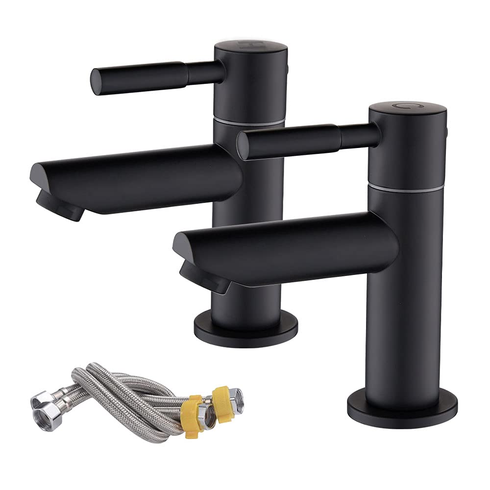 Maynosi Bathroom Basin Pillar Taps, Pair Basin Sink Mixer Taps, 1/4 Turn Washroom Pair Faucets, Twin Lever Modern Taps Pairs, Include Flexible Hoses, Brass (Matte Black)