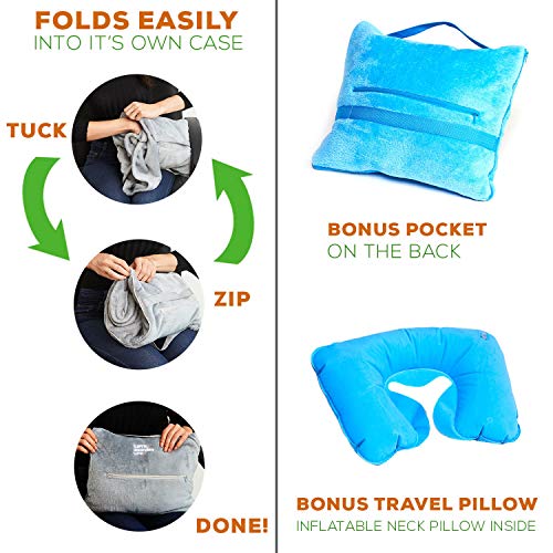 4 in 1 Travel Blanket - Lightweight, Warm and Portable. The Latest Small Compact Airplane Blankets & Pillow Set. Made of Warm Plush, 2 Practical Mesh Pockets with Fashionable Carry & Luggage Straps - Thumbnail 4