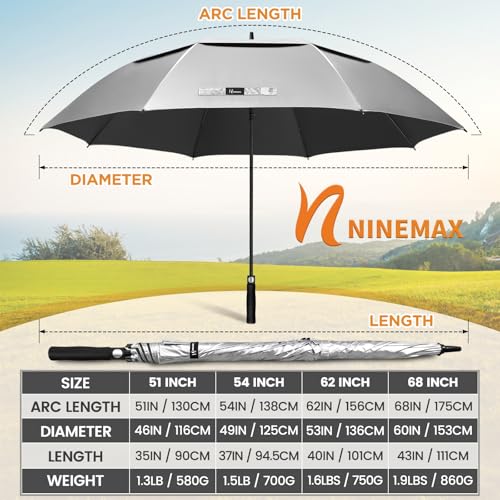 NINEMAX Large Sun Umbrella, Anti UV Umbrella, Golf Umbrellas Large Size Storm Umbrella, Solid Anti-Wind Umbrella Shatterproof for Men Women 2 People (Silver/Black)