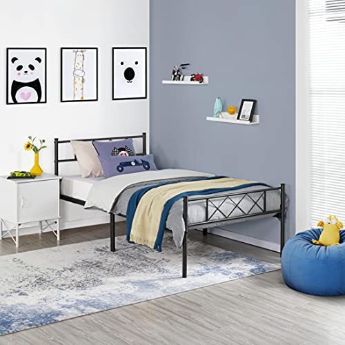 Yaheetech 13 inch Black Industrial Twin Platform Metal Bed Frame with Headboard and Footboard