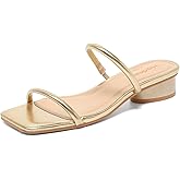 Hodeery Square Open Toe Chunky Heels for Women Two Strap Low Block Heeled Slip On Short Sandals for Dressy Casual 1.18 inch
