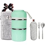Stainless Steel Interior Bento Lunch Box 2-Tier Insulated Leak-Proof Tiffin Food Container Storage Carrier With Insulated Bag And Cutlery … (Green)