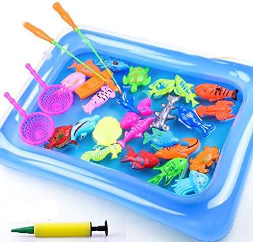 QYU 28 Pieces Kids Fishing Playsets Toy with Inflatable Pool Magnetic Fishing Toy Children Outdoor Toys
