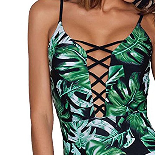 BSGSH Swimsuit Women's One Piece Criss Bandage Swimwear Leaves Print Monokini (S, Green) - Thumbnail 3