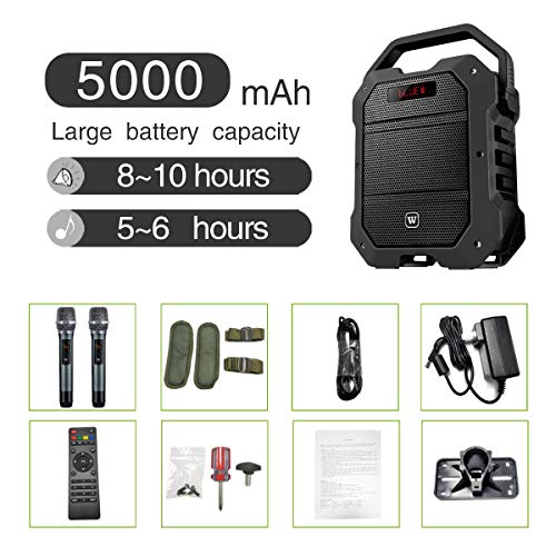WinBridge K10 PA System, Battery Powered, with 80W Power 12V/5000mAh, Bluetooth Wireless Microphones, Remote Control, Support FM/USB/AUX/Echo/Bass/Treble/Instrument Guitar Amplifier Input - Thumbnail 6