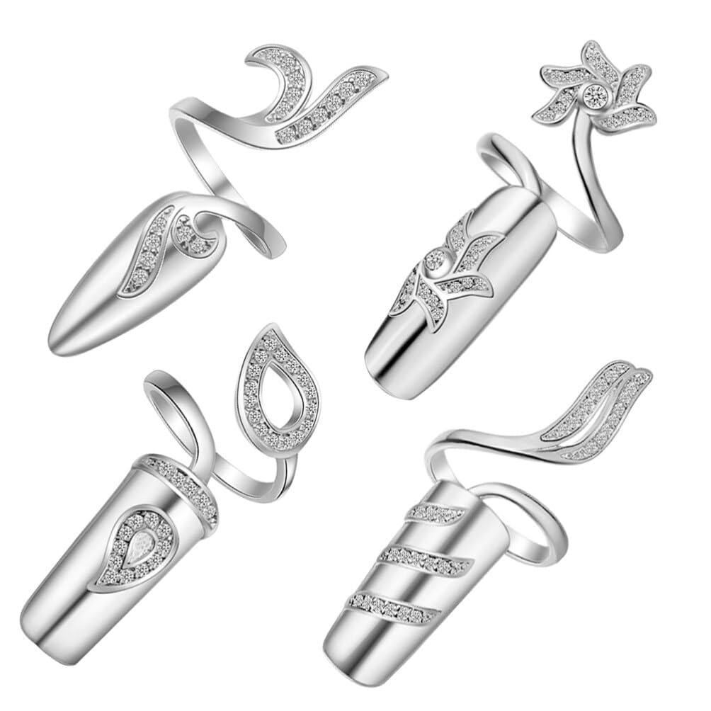 Lurrose Vintage Rings 4 Pcs Women Fingernails Ring Fashion Crystal Rhinestone Nail Cap Cover Ring Nail Art Charm Open Nail Rings Jewelry for Women Girls Silver Vintage Decor